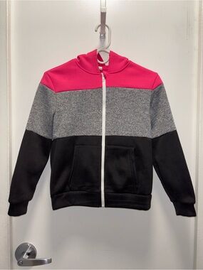 Shein Girls' Colorblock Zip-Up Hoodie - Pink, Gray & Black Size 12